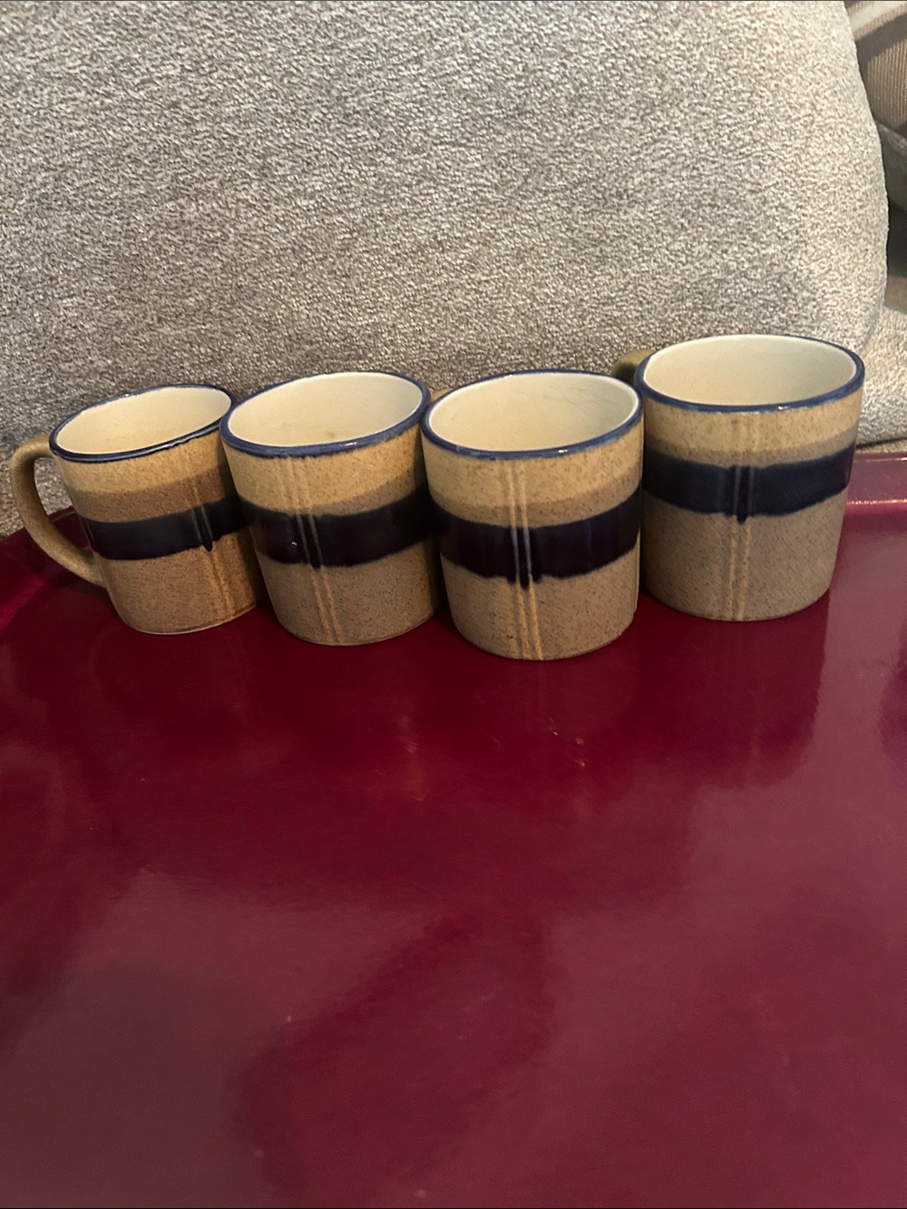 Set of 4 Tan Stoneware Mugs with Navy Band. Made in Korea